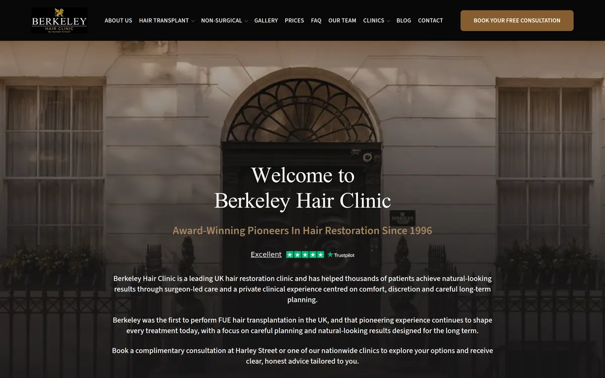 The Berkeley Hair Clinic website home page on a desktop screen