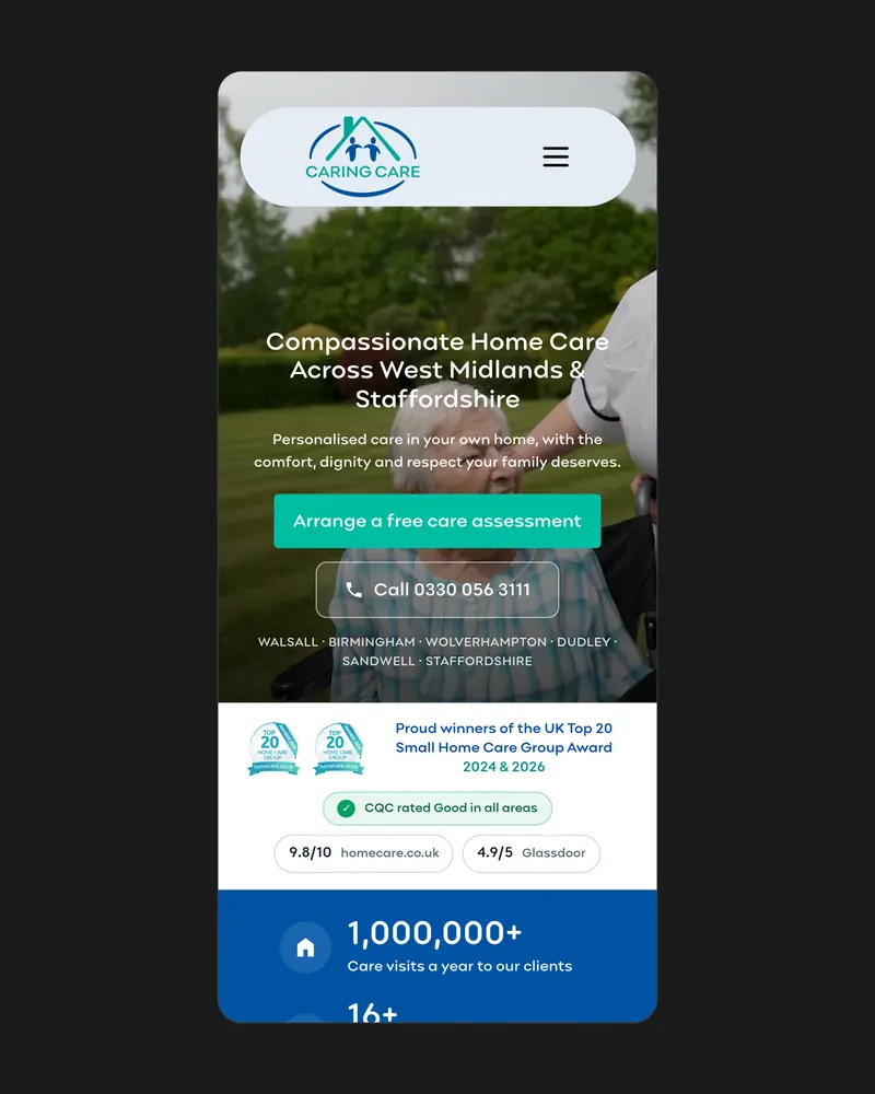 The Caring Care website on a phone screen