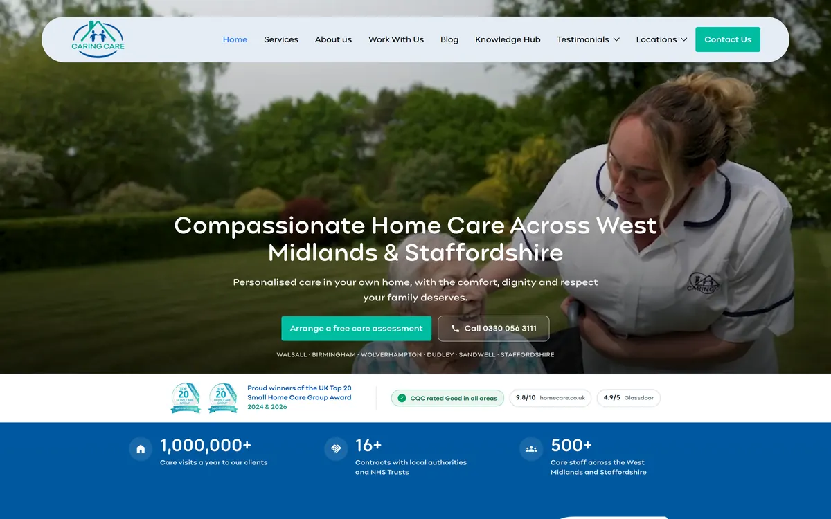 The Caring Care website home page on a desktop screen