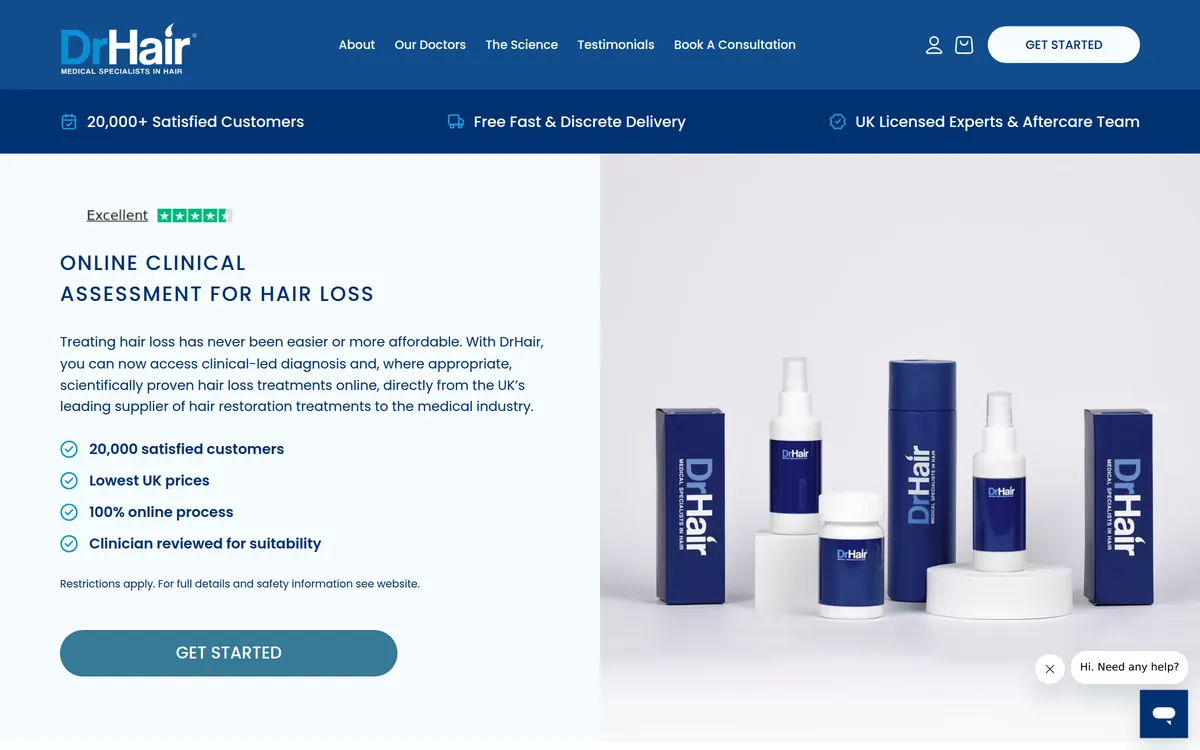 The DrHair website home page on a desktop screen