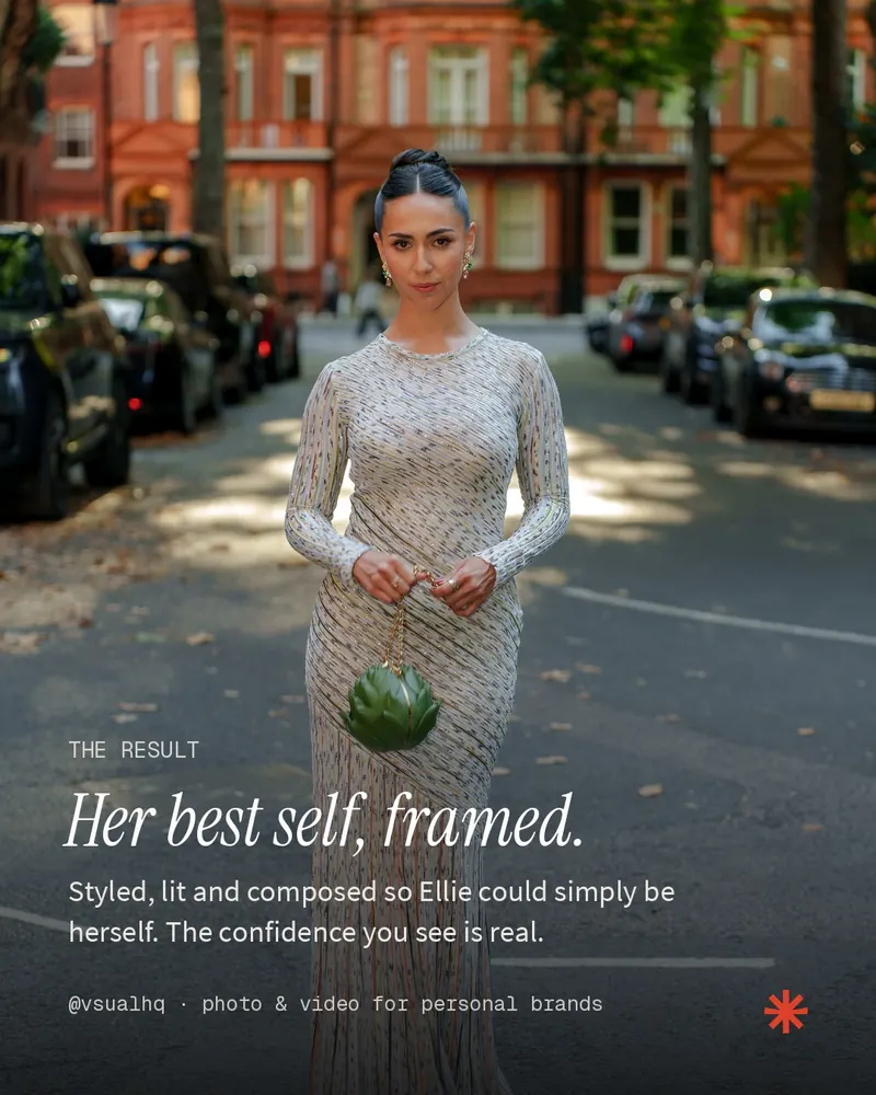Ellie Evelyn standing in a tree-lined street holding a green bag, with the caption: Her best self, framed.