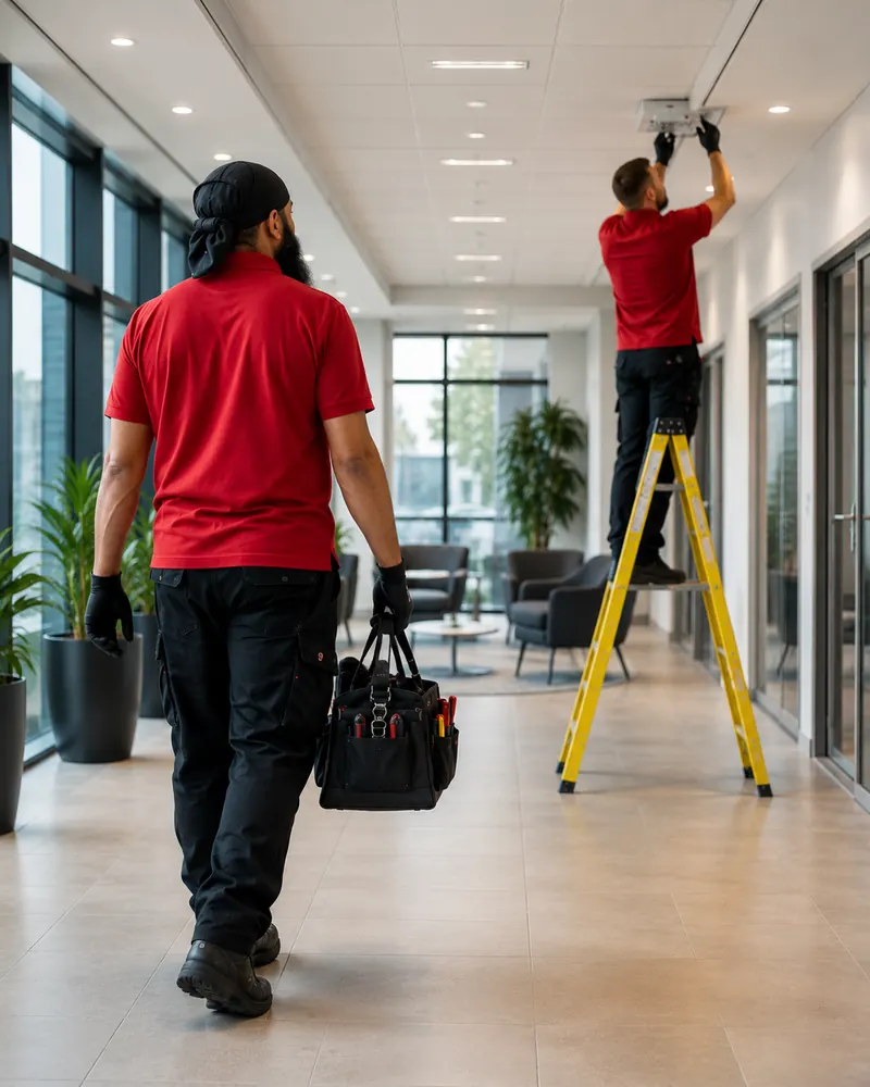 A Riva engineer in a red Riva polo carrying a tool bag through an office, with a colleague working on a ladder behind