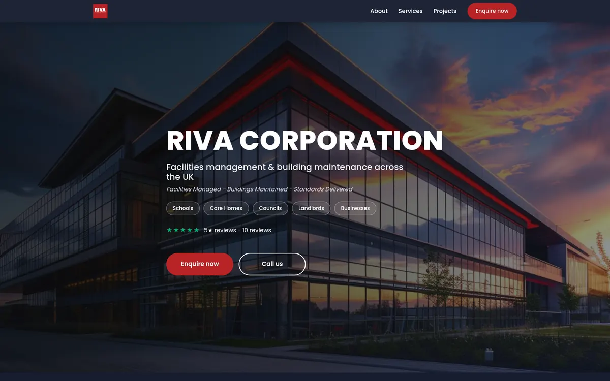 The Riva Corporation website home page on a desktop screen