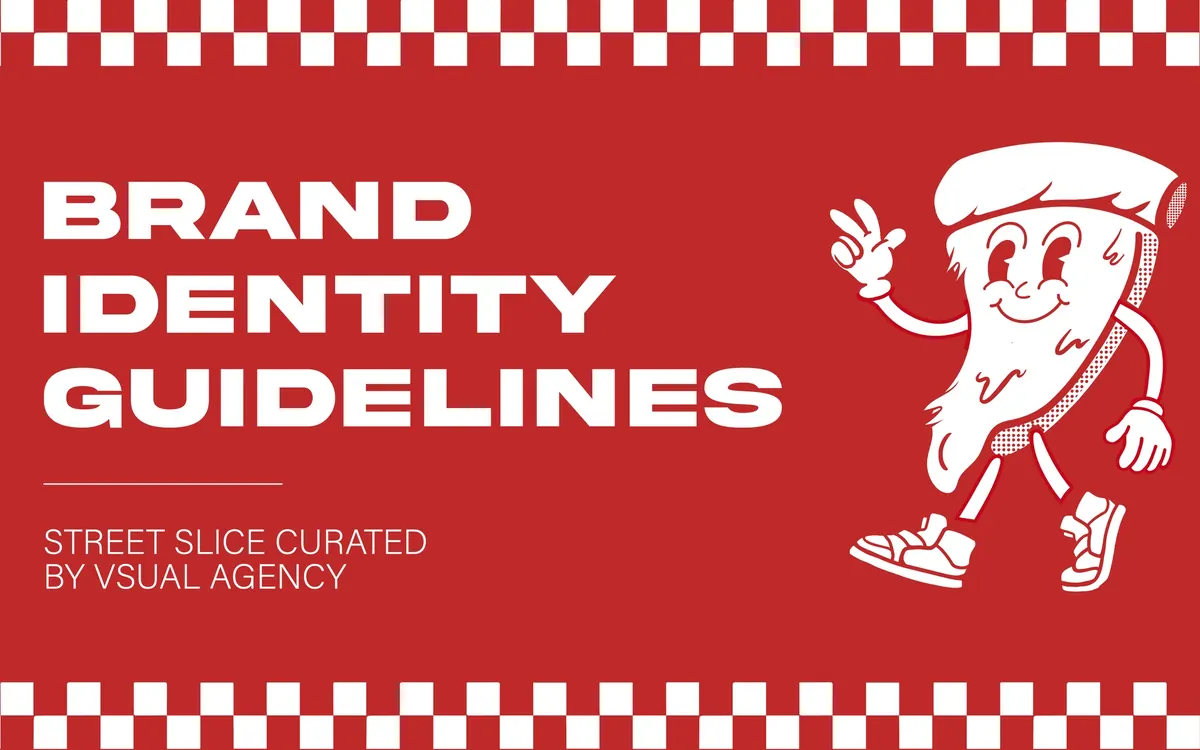 Cover of the Street Slice brand identity guidelines, showing the pizza slice mascot on a red background
